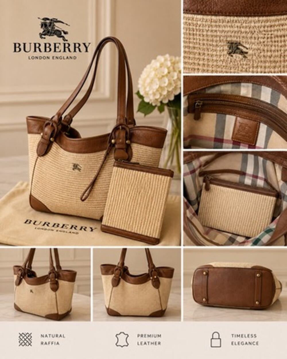 Burberry Raffia & Leather Tote*Nova Check interior